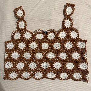 Brown & White Crochet Crop Tank Top